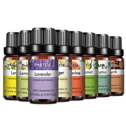 PHATOIL 1 pezzo 10ml/0,33fl.Oz Olio essenziale per diffusori umidificatori, massaggio aromaterapico, bagni rilassanti: Lavanda, Gelsomino, Eucalipto, Vaniglia, Menta piperita, Sandalo, Olibano, Arancia dolce, Ylang Ylang, Limone, Rosa, Bergamotto, Albero del tè, Chiodi di garofano, Citronella, Cannella, Pompelmo, Camomilla, Salvia sclarea, Zenzero, Mirra, Mandarino, Timo, Vetiver