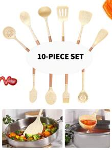 1入組矽膠烘焙工具,木柄,不粘炊具餐具帶雪花圖案,包括鍋鏟,長柄勺,刷,刮刀 - 雪花點米色 - 查看 3