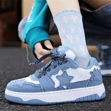 1雙星八運動款防水男女運動鞋,彩色拼接設計,前綁帶,pu和面料結合,適用於戶外活動,滑板運動,街頭穿搭,情侶鞋 - 藍白色 - 查看 3