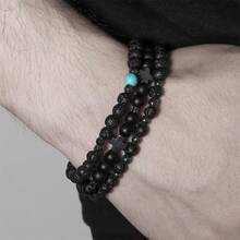 一套3入組彈性線束復古通用疊積手鐲,包括火山石和黑色膽石鑲嵌幾何十字設計；適用於日常佩戴和送禮 - 彩色 - 查看 4