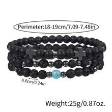 一套3入組彈性線束復古通用疊積手鐲,包括火山石和黑色膽石鑲嵌幾何十字設計；適用於日常佩戴和送禮 - 彩色 - 查看 6