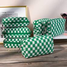 6 Pcs Makeup Bag Set With Checkered Pattern, Portable Travel Cosmetic Organizer Bulk Gift For Women Bridesmaid Party Favor - Green - View 4