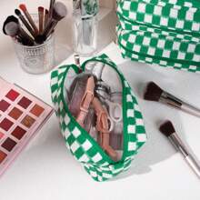 6 Pcs Makeup Bag Set With Checkered Pattern, Portable Travel Cosmetic Organizer Bulk Gift For Women Bridesmaid Party Favor - Green - View 5