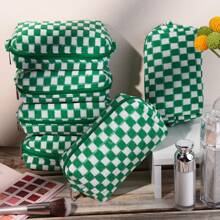 6 Pcs Makeup Bag Set With Checkered Pattern, Portable Travel Cosmetic Organizer Bulk Gift For Women Bridesmaid Party Favor - Green - View 6