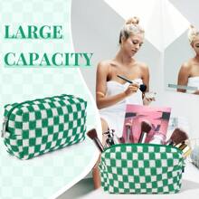 6 Pcs Makeup Bag Set With Checkered Pattern, Portable Travel Cosmetic Organizer Bulk Gift For Women Bridesmaid Party Favor - Green - View 3