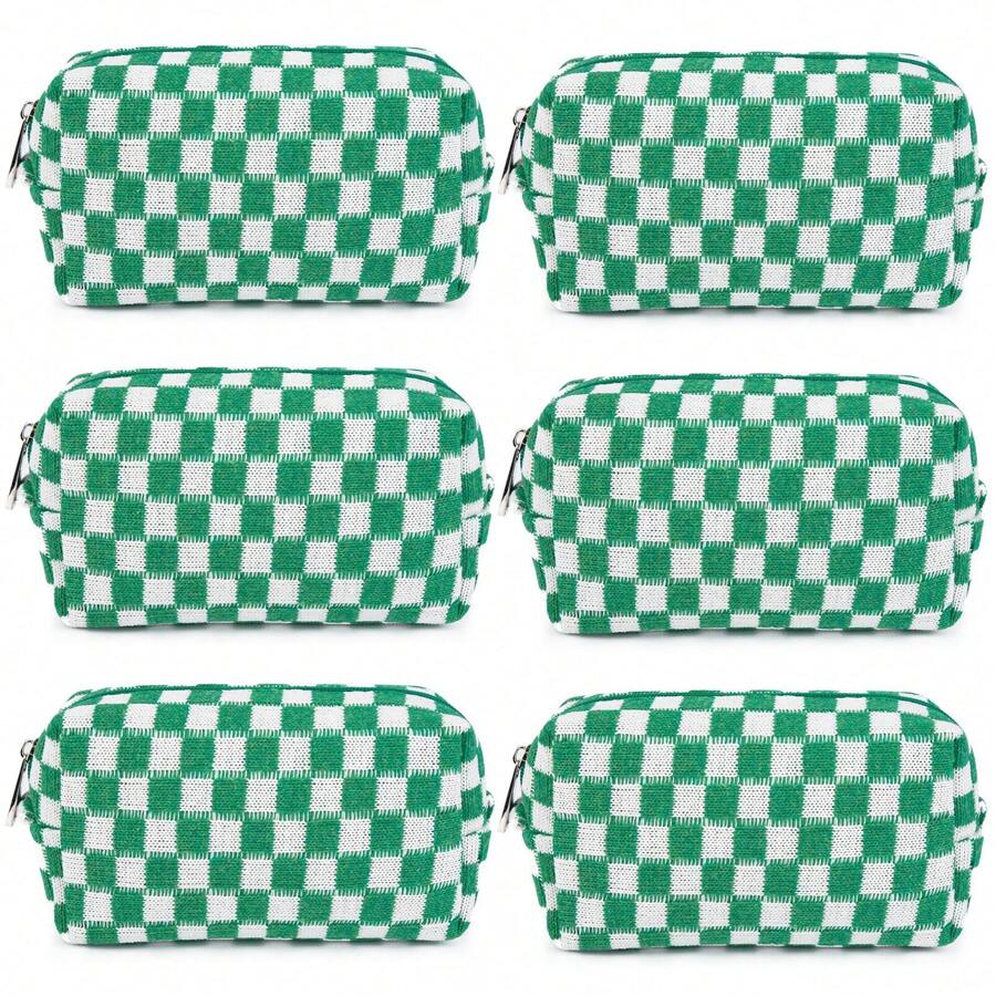 6 Pcs Makeup Bag Set With Checkered Pattern, Portable Travel Cosmetic Organizer Bulk Gift For Women Bridesmaid Party Favor - Green - View 1