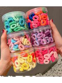 100 条随机颜色迷你发带，罐装，适合女士使用，适合绑发，不伤头发和拇指，弹性好，适合 DIY 发饰马尾辫发绳