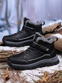 冬季防水防滑加厚毛绒保暖男女雪地靴真皮徒步户外登山滑雪靴情侣 - 黑色 - 查看 6