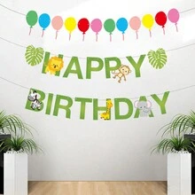 1個裝有卡通動物設計的單面橫額,適用於嬰兒兒童生日派對慶祝場景佈置 - 綠色 - 查看 3