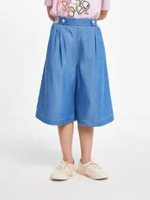 Annil Tween Girl Summer Casual Skin-Friendly Wide-Leg Loose Breathable Denim Cropped Pants - Blue - View 1