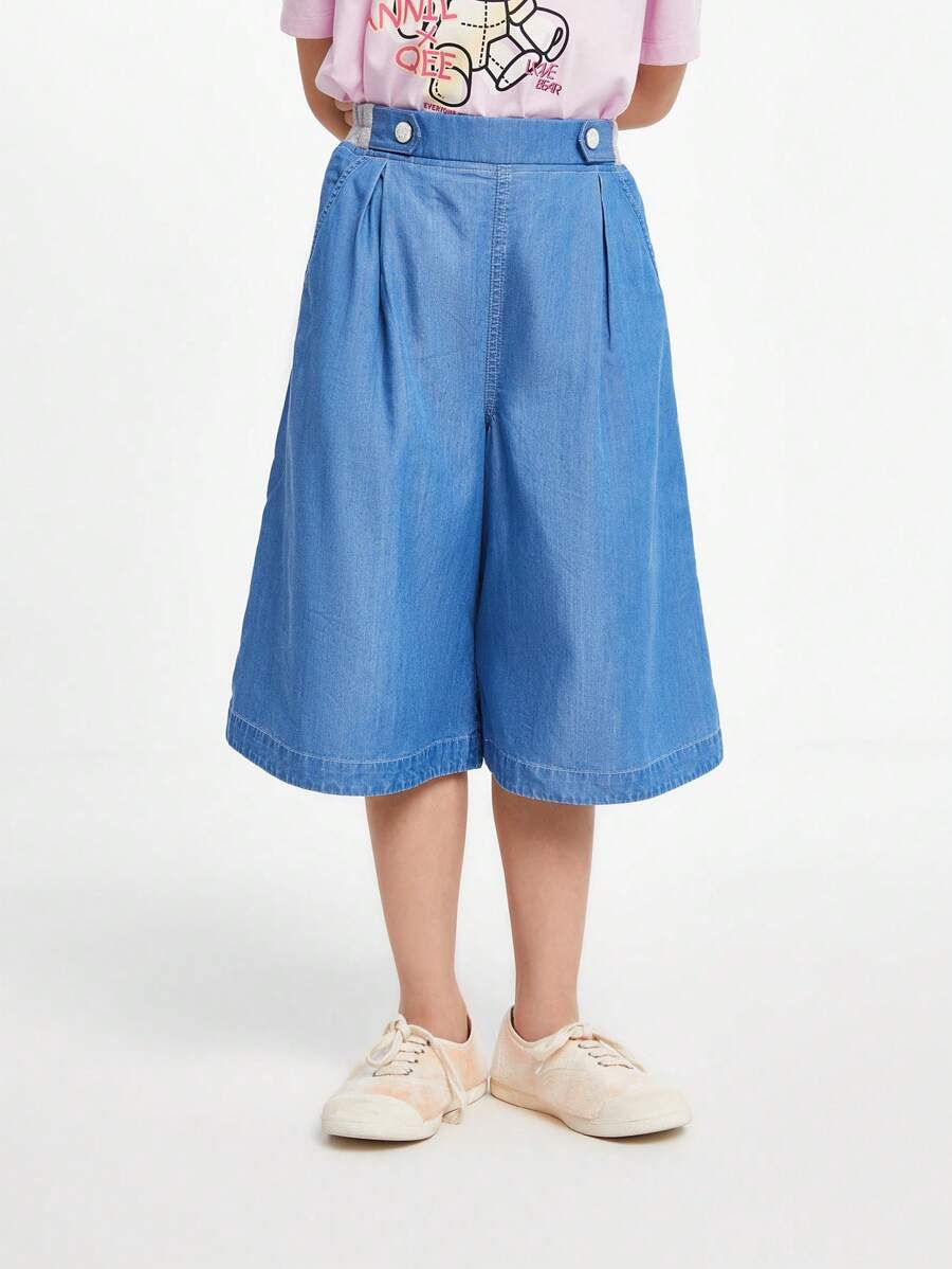 Annil Tween Girl Summer Casual Skin-Friendly Wide-Leg Loose Breathable Denim Cropped Pants - Blue - View 1