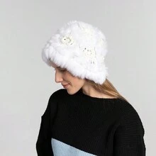 1pc Crochet Flower & Rabbit Hair & Plush Handmade Knitted Hat With High Elasticity & Warmth - White - View 1