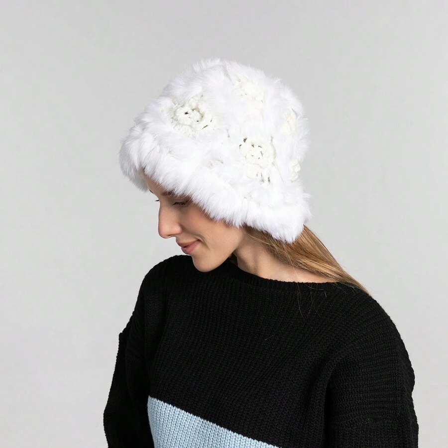 1pc Crochet Flower & Rabbit Hair & Plush Handmade Knitted Hat With High Elasticity & Warmth - White - View 1