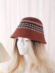 1入款式經典的格紋針織漏斗帽，厚實保暖羊毛貝雷帽，適用於秋冬季，日常和旅行均適用的女性帽款 - 鏽棕色 - 查看 3