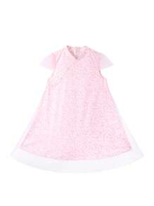 Annil 夏季少女連衣裙 網眼復古花卉中式旗袍短袖裙 粉紅色 - 粉色 - 查看 2