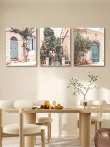 3 件套現代簡約風格帆布印花牆藝術套裝,小鎮風景元素,適合客廳和臥室,可重複使用和可拆卸 - 彩色 - 查看 1