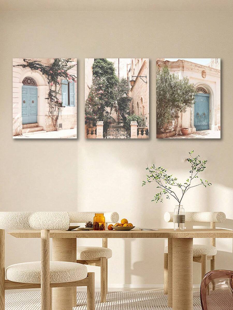 3 件套現代簡約風格帆布印花牆藝術套裝,小鎮風景元素,適合客廳和臥室,可重複使用和可拆卸 - 彩色 - 查看 1