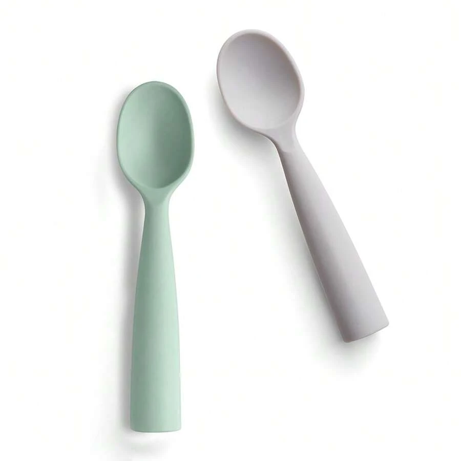 2入組嬰兒自主訓練柔軟扭曲矽膠勺,360度隨機波浪曲線設計,適用於餵食和進食練習 - 綠色 - 查看 1