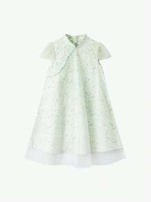 Annil Tween Bé Gái Lưới Mùa Hè Retro Họa Tiết Hoa Phong Cách Trung Hoa Sườn Xám Đầm Ngắn Tay Áo Xanh - màu xanh lá - Xem 2