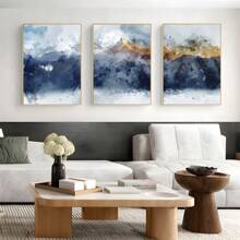 3入組抽象油畫掛畫,現代海軍藍色山脈印花海報圖像,為客廳、臥室、浴室、廚房等帶來裝飾效果,不包含畫框 - 彩色 - 查看 1