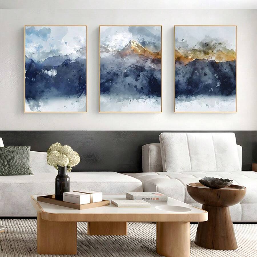 3入組抽象油畫掛畫,現代海軍藍色山脈印花海報圖像,為客廳、臥室、浴室、廚房等帶來裝飾效果,不包含畫框 - 彩色 - 查看 1