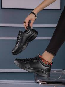 女士全黑運動鞋真皮鞋面防水防滑跑步鞋百搭舒適耐用休閒鞋小黑鞋 - 黑色 - 查看 3