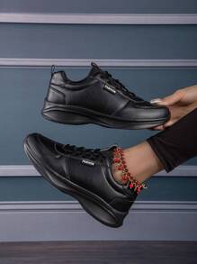 女士全黑運動鞋真皮鞋面防水防滑跑步鞋百搭舒適耐用休閒鞋小黑鞋 - 黑色 - 查看 2