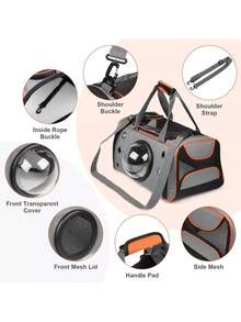 Bolsa transportadora plegable para gatos medianos y pequeños, perros y cachorros. Bolsa portatil transpirable para mascotas, color gris con lineas naranja o verde. - Naranja - Ver 5