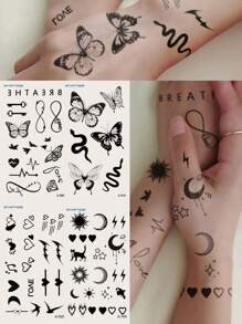 STARTTOOS 4入組黑色蝴蝶、新月、心臟、蛇設計暫時性紋身貼紙,適用於手指,手腕或身體小部位 - 黑色 - 查看 2