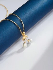 1條s925銀製天然淡水珍珠項鍊,配有金色鍍層葉子和閃閃發光的珍珠。是女士派對和生日的完美配飾 - 金黃色 - 查看 5