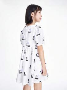 Annil Tween Girl Dresses Summer Skin-Friendly Cute Bunny Letter Printed Square Neck Short Sleeve Dresses White