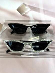 2 Pairs Of Women's Rhinestone & Crystal Embellished Black Frame Y2K Luxury Dance Party Cute & Fashion Glasses Able Cat Eye Fashion Glasses , Suitable For Beach, Wedding Theme Parties (Includes Cleaning Cloth) Halloween Valentines For Summer Beach Vacation,Outdoor,Travel - 黑與白 - 查看 5