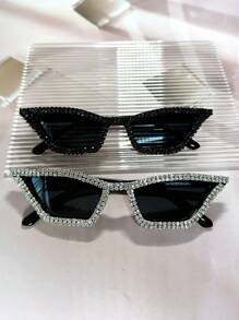 2 Pairs Of Women's Rhinestone & Crystal Embellished Black Frame Y2K Luxury Dance Party Cute & Fashion Glasses Able Cat Eye Fashion Glasses , Suitable For Beach, Wedding Theme Parties (Includes Cleaning Cloth) Halloween Valentines For Summer Beach Vacation,Outdoor,Travel - 黑與白 - 查看 4
