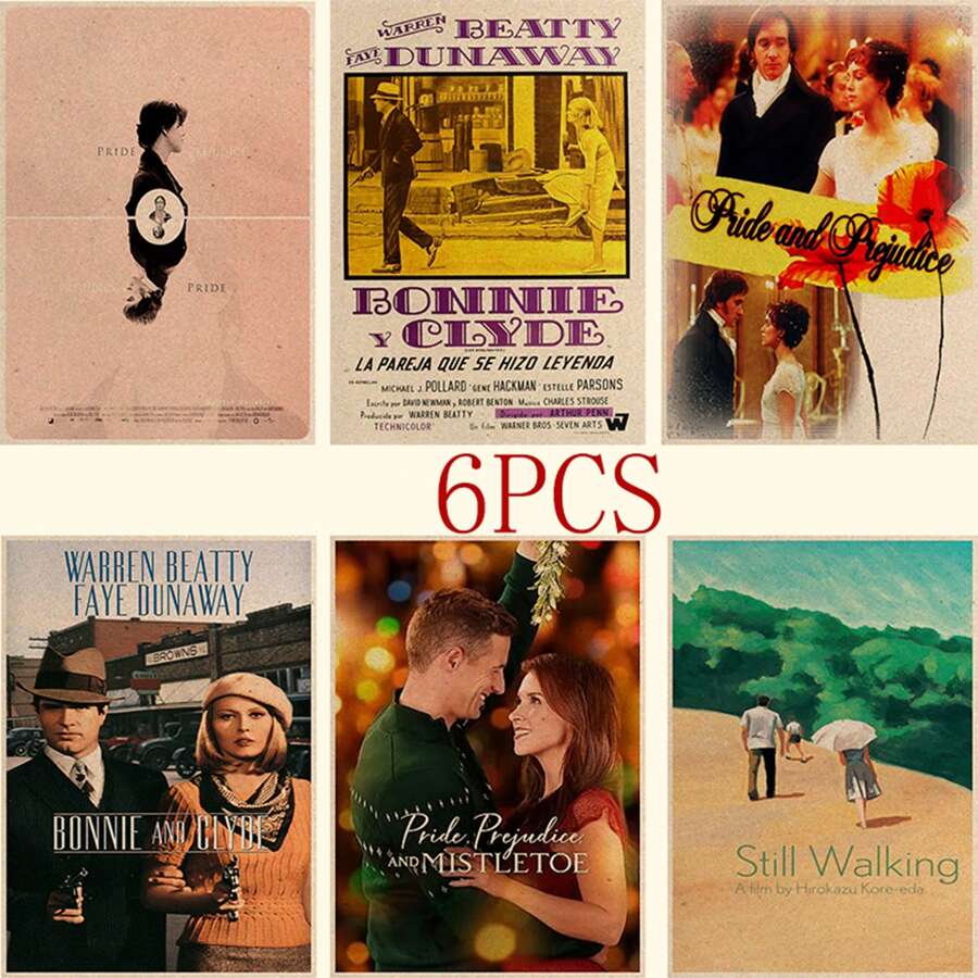 6入組經典電影復古牛皮紙海報,咖啡廳家庭牆面裝飾 - A - 查看 1