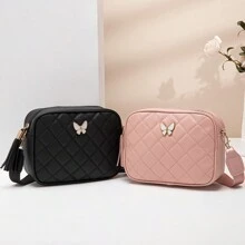 Quilted Square Crossbody Bag, Classic Metal Decor Zipper Wallet, Faux Leather Shoulder Bag - Pink - View 5