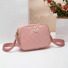 Quilted Square Crossbody Bag, Classic Metal Decor Zipper Wallet, Faux Leather Shoulder Bag - Pink - View 6