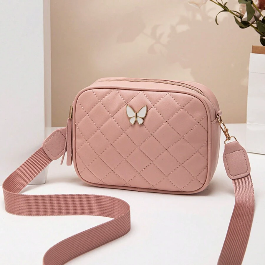 Quilted Square Crossbody Bag, Classic Metal Decor Zipper Wallet, Faux Leather Shoulder Bag - Pink - View 1