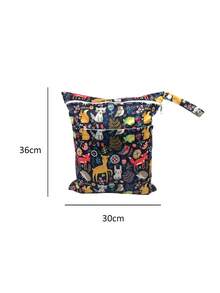 1個大容量卡通印花可重複使用的尿布袋,帶雙拉鍊口袋,方便攜帶的儲物袋,適用於嬰兒尿布 - 藏藍色動物世界 - 查看 3