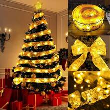 1pc Christmas Ribbon Tree Decoration Silk Ribbon Decoration Light, For Room, Bedroom, Closet - Gold - View 2