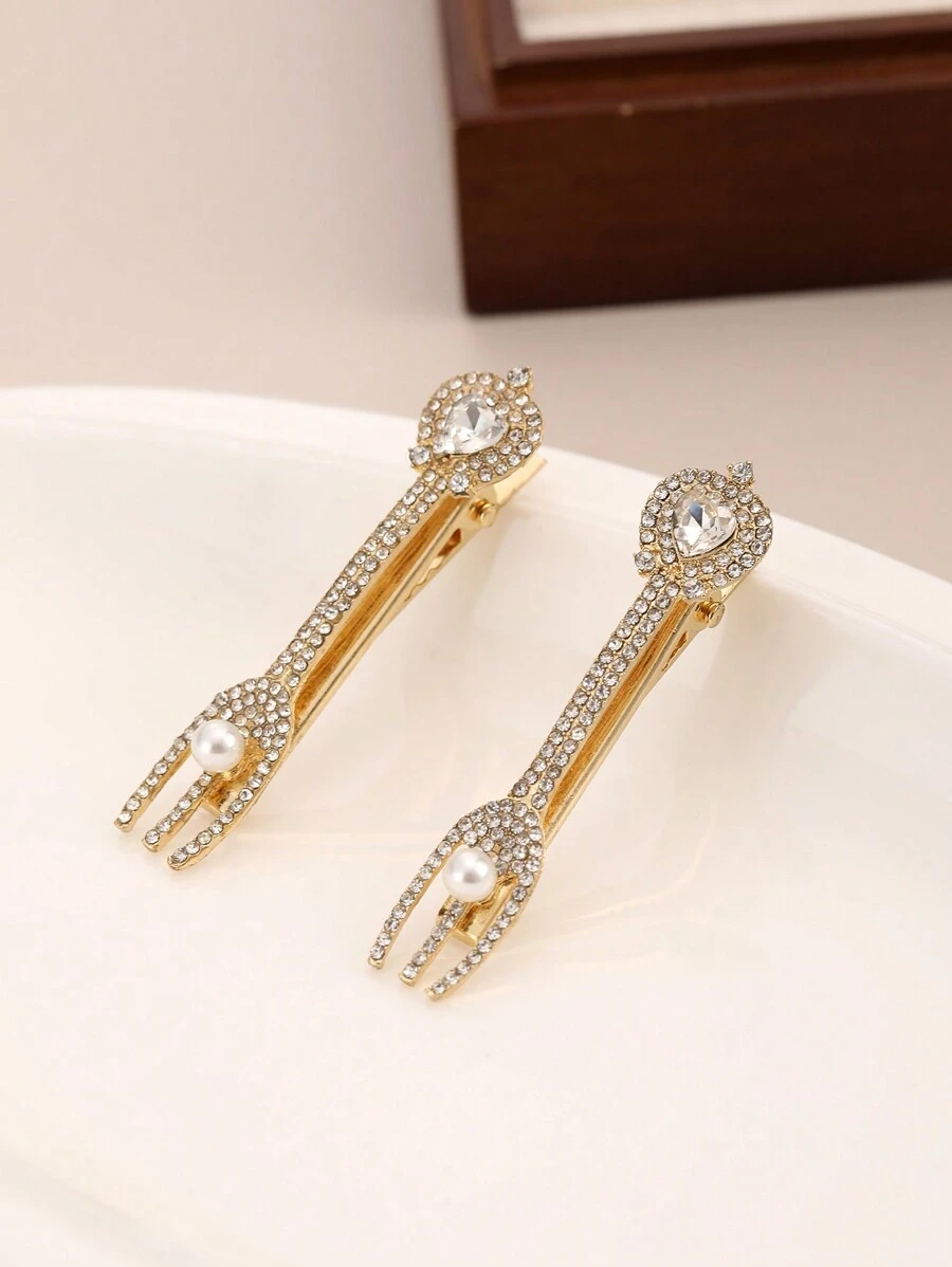 Cute Metallic Sparkle Rhinestone Decorative Hair Clip With Fork, Spoon - Gold - View 1