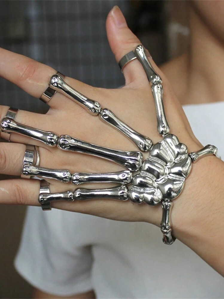 1 PC Fashion Personality Punk Skull Hand Bone Versatile Five Finger Ring Bracelet Adjustable One Piece Ring - Bạc - Xem 7