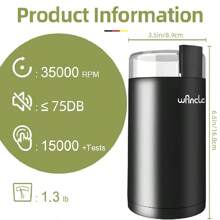 Wancle 電動咖啡研磨機,適用於咖啡豆、香料等,一鍵式咖啡研磨機,不銹鋼刀片,靜音香料研磨機 200 瓦,易於使用,黑色 - 黑色 - 查看 5