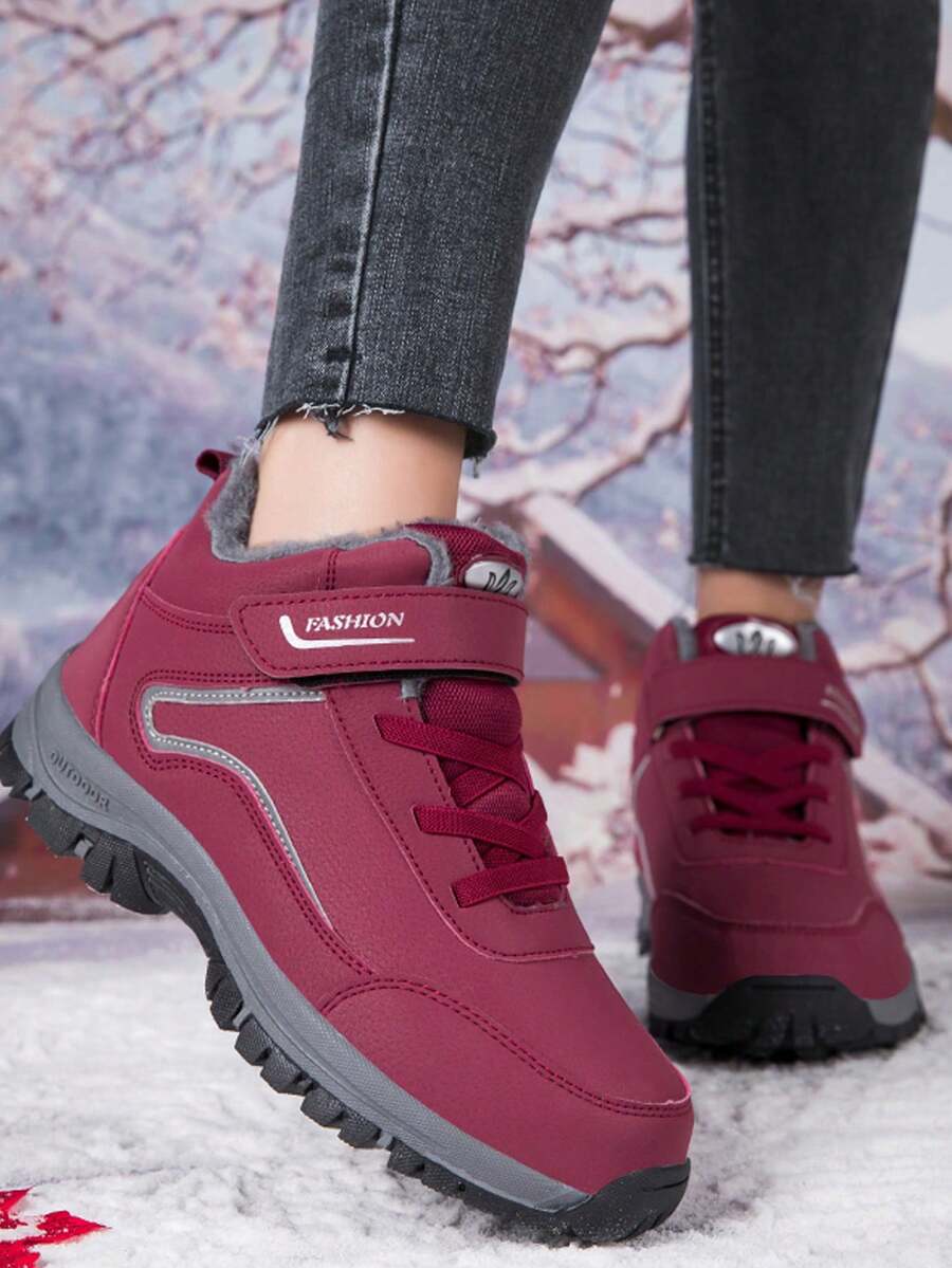 1 Pair Warm High-Top Sport Shoes For Elderly Women, Winter 2024 New Warm High-Top Shoes For Middle-Aged & Elderly Women, Hook And Loop Closure No Lace Mom Shoes With Fleece, Anti-Slip Traveling Snow Field Anti-Slip Winter Shoes - Red - View 1