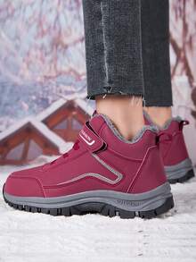 1 Pair Warm High-Top Sport Shoes For Elderly Women, Winter 2024 New Warm High-Top Shoes For Middle-Aged & Elderly Women, Hook And Loop Closure No Lace Mom Shoes With Fleece, Anti-Slip Traveling Snow Field Anti-Slip Winter Shoes - Red - View 3