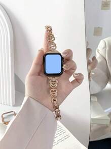 1 Pieza Pulsera de mujer con diseño de corazón y cristales en forma de manzana, correa de reloj metálica compatible con Apple Watch de 40mm, 49mm, 38mm, 45mm, 46mm, 41mm, 42mm, 44mm, accesorios exquisitos compatibles con Apple Watch Series Ultra2, SE, 10, 9, 8, 7, 6, 5, 4, 3, 2, 1, regalo de San Valentín