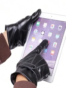 2pcs Winter Thicken Pu Leather Gloves For Men, Classic And Stylish, Black, Warm Motorcycle Gloves - Black - View 6