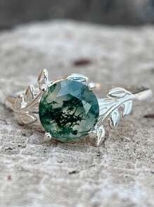 1pc Delicate Four-prong Setting Round Green Chalcedony & Leaf Shaped Silver Ring, Ideal For Engagement & Wedding Gift