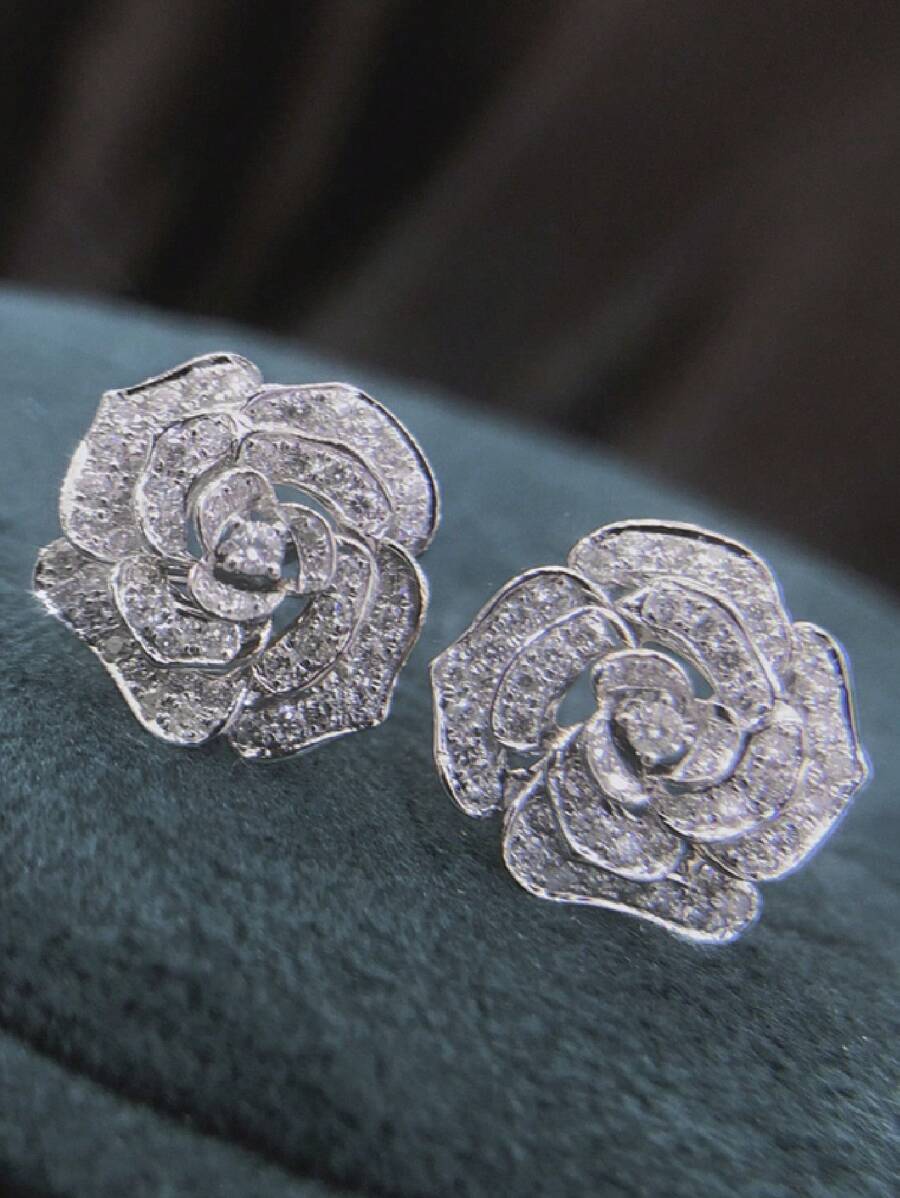 1 对浪漫花朵方晶锆石耳钉 女士适合婚礼订婚周年派对珠宝情人节礼物情人 - 銀色 - 查看 1