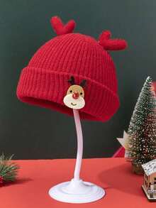 1 Miếng Hoạt hình Con hươu Thiết kế Antlers Mũ len In Đỏ  , Thích hợp Cho mùa đông , Giáng sinh , Mặc hàng ngày Đối với Con trai Và Cô gái - Đỏ - Xem 2