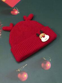 1 Miếng Hoạt hình Con hươu Thiết kế Antlers Mũ len In Đỏ  , Thích hợp Cho mùa đông , Giáng sinh , Mặc hàng ngày Đối với Con trai Và Cô gái - Đỏ - Xem 3